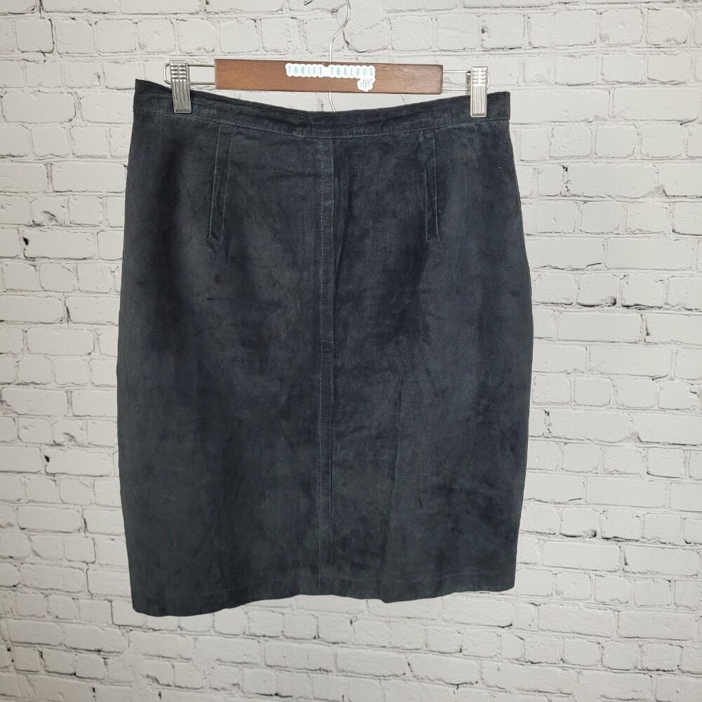 VTG Hunt Club Black Genuine Suede Leather Back Zip Button Lined Mini Skirt 14